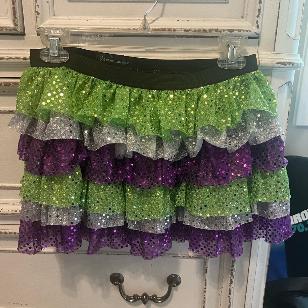 Disneys Dopey inspired Green, Purple, Silver Skirt with Ruffled Sequins